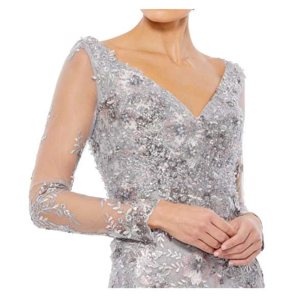 Mac Duggal 67539 Embellished Lace V Neck Illusion Gown Size 10 Platinum NWT - Picture 3 of 8